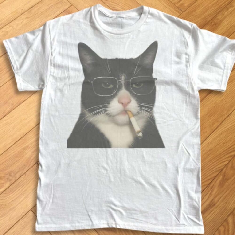 Funny Smoking Cigarettes Tuxedo Cat With Glasses Meme Graphic Tee